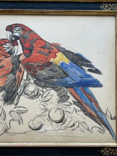 PAUL JOUVE Stunning Painting on Paper Two Parrots by Paul Jouve France Art Deco 1930s - 3280891