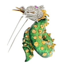 PLATINUM 14K YELLOW GOLD GREEN ENAMELED AND DIAMOND DRAGON BROOCH - 3019864