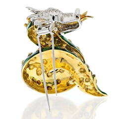 PLATINUM 14K YELLOW GOLD GREEN ENAMELED AND DIAMOND DRAGON BROOCH - 3019868