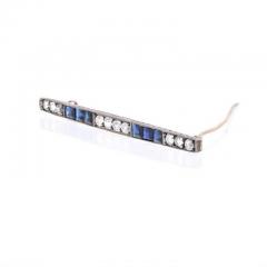 PLATINUM 18K YELLOW GOLD OLD MINE AND VINTAGE SAPPHIRE DIAMOND BAR BROOCH - 2292094