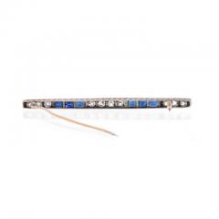 PLATINUM 18K YELLOW GOLD OLD MINE AND VINTAGE SAPPHIRE DIAMOND BAR BROOCH - 2292095