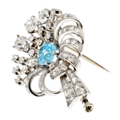 PLATINUM ART DECO MINI FLOWER DIAMOND AND AQUAMARINE BROOCH - 3019781