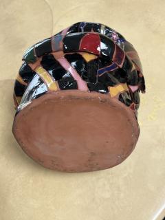 POST MODERN BRIGHTLY COLORED STRIPED GLAZED TERRACOTTA BASKET - 3606477