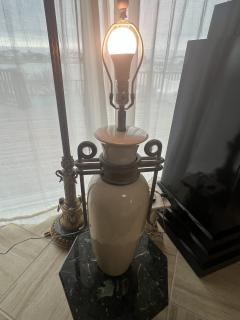 POST MODERN REVIVAL CRAQUELURE CERAMIC LAMP WITH METAL GLASS CABOCHON FRAME - 3980991