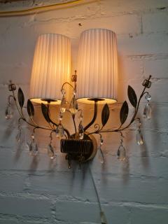 Paavo Tynell Paavo Tynell Crystal Wall Lights Model 9473 Brass Fabric and Glass Taito 1950s - 4125481
