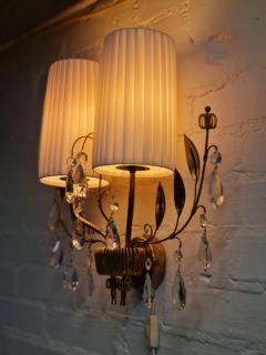 Paavo Tynell Paavo Tynell Crystal Wall Lights Model 9473 Brass Fabric and Glass Taito 1950s - 4125483