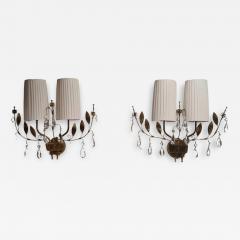 Paavo Tynell Paavo Tynell Crystal Wall Lights Model 9473 Brass Fabric and Glass Taito 1950s - 4130666