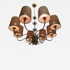 Paavo Tynell Paavo Tynell Large Commissioned Chandelier in Brass Rattan Shades Taito 1950s - 4250866
