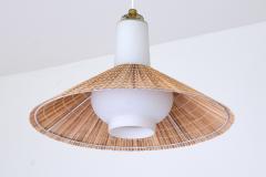 Paavo Tynell Paavo Tynell Pendant in Opal Glass Lamellar Aspen Wood and Brass Idman 1950s - 4239063