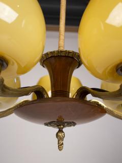 Paavo Tynell Paavo Tynell for Taito Art Deco Chandelier in Walnut Yellow Ochre Glass 1930s - 1972396