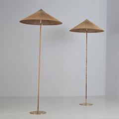 Paavo Tynell Pair of Paavo Tynell Chinese Hat Floor Lamp 9602 Brass Rattan Taito 1950s - 4551280