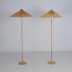 Paavo Tynell Pair of Paavo Tynell Chinese Hat Floor Lamp 9602 Brass Rattan Taito 1950s - 4551281