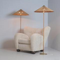 Paavo Tynell Pair of Paavo Tynell Chinese Hat Floor Lamp 9602 Brass Rattan Taito 1950s - 4551288