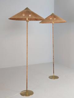 Paavo Tynell Pair of Paavo Tynell Chinese Hat Floor Lamp 9602 Brass Rattan Taito 1950s - 4551289