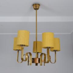 Paavo Tynell Rare Paavo Tynell Chandelier in Brass Wood Yellow Shades Taito 1950s - 4353723