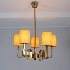Paavo Tynell Rare Paavo Tynell Chandelier in Brass Wood Yellow Shades Taito 1950s - 4353728