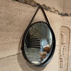 Pablo Romo Modern Round Wall Mirror Leather Frame Ebonized Bronze Style Jacques Adnet - 2538224