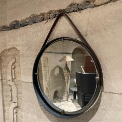 Pablo Romo Modern Round Wall Mirror Leather Frame Ebonized Bronze Style Jacques Adnet - 2538225