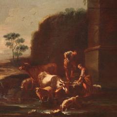 Painting of the Roman school of the 17th century landscape with pastoral scene - 4209381