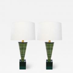 Pair 1950s Atomic Age Conical form Green Glazed Ribbed Lamps - 1829333