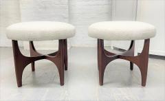 Pair 1960s Solid Walnut Stools in Boucle Fabric - 2056019