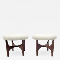 Pair 1960s Solid Walnut Stools in Boucle Fabric - 2059902