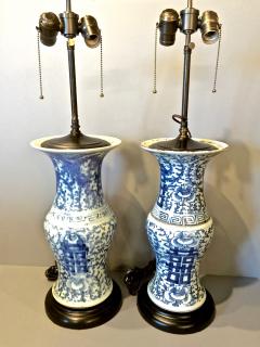 Pair 19th Century Chinese Blue and White Trumpet Form Vases as Lamps - 1418126