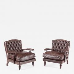 Pair 19th Century Napolean III Tufted Leather Armchairs - 2339229