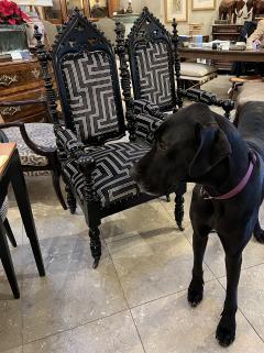 Pair 19th Century Victorian Gothic Revival Turned Carved Ebonized Armchairs - 3953335