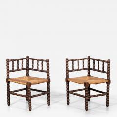 Pair 19thC English Oak Bobbin Corner Chairs - 3952226