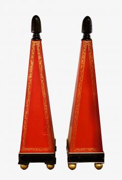 Pair 67 Painted Wood Hollywood Regency Obelisks with Gilt Detailing c 1960s - 4606419