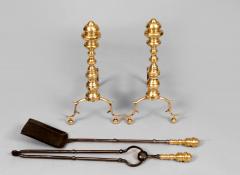 Pair Antique American Brass Andirons with Tools - 3438933