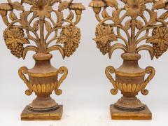 Pair Antique Carved Wood Urns with Flowers Mantle Ornaments 19th C - 3246979