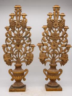 Pair Antique Carved Wood Urns with Flowers Mantle Ornaments 19th C - 3246980