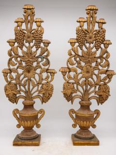 Pair Antique Carved Wood Urns with Flowers Mantle Ornaments 19th C - 3246981