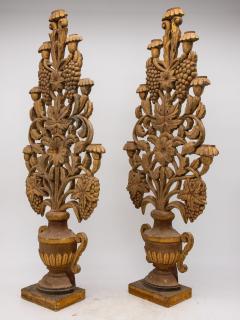 Pair Antique Carved Wood Urns with Flowers Mantle Ornaments 19th C - 3246984