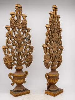 Pair Antique Carved Wood Urns with Flowers Mantle Ornaments 19th C - 3246985