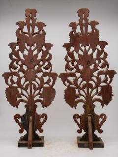 Pair Antique Carved Wood Urns with Flowers Mantle Ornaments 19th C - 3246986