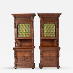 Pair Antique French Henri II Style Buffets Cabinets with Stained Glass Doors - 167621