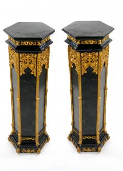 Pair Antique French Napoleon III Marble Ebonized Gilt Wooden Pedestals - 3302819