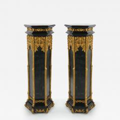 Pair Antique French Napoleon III Marble Ebonized Gilt Wooden Pedestals - 3304610