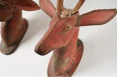Pair Black Forest Carved Wood Deer Heads - 4124647