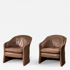 Pair Brown Leather Barrel Chairs 1980 - 2832891