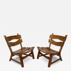 Pair Brutalist Solid Oak Lounge Chairs by Dittmann Co - 3017482
