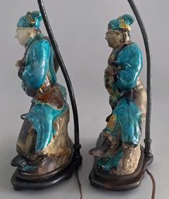 Pair Chinese Shiwan Ware Pottery Warrior Lamps - 778216