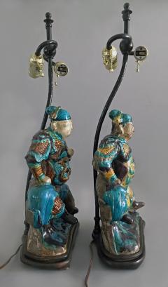 Pair Chinese Shiwan Ware Pottery Warrior Lamps - 778220