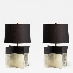 Pair Contemporary Stoneware Ceramic Croisillon Style Table Desk Lamps Glazed - 3333457