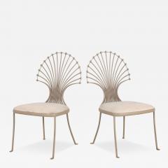 Pair Dining Chairs with Peacock or Wheat Sheaf Motif Gray Painted Aluminum - 3520680