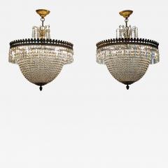 Pair French Antique Crystal Bronze Basket Chandeliers - 3359546