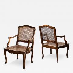 Pair French Louis XV Style Open Armchairs with Caned Seats and Backs - 3841443